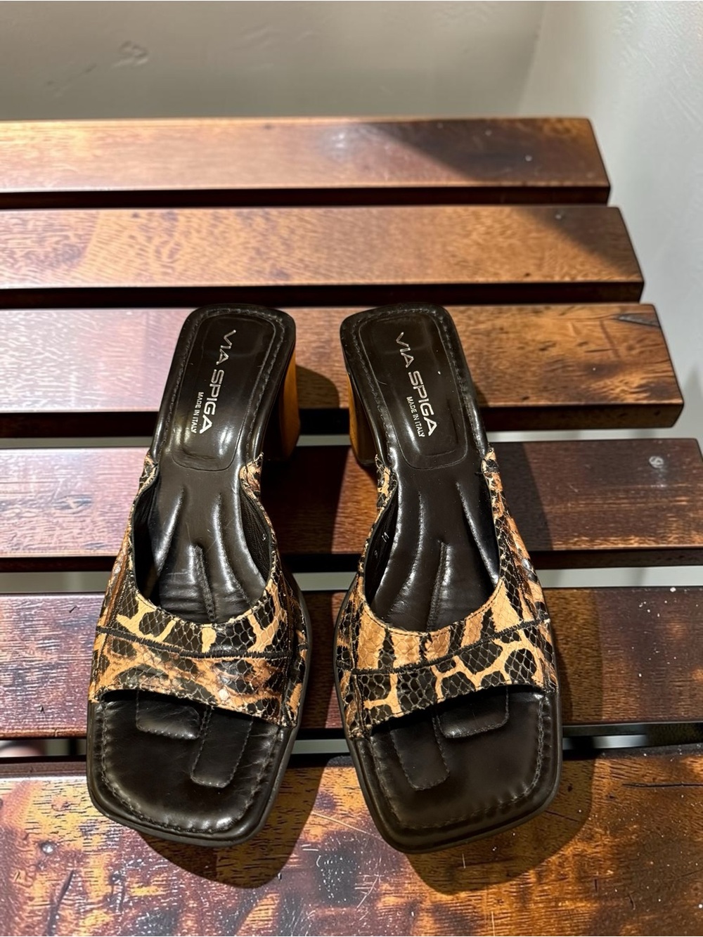 Vintage Y2K Via Spiga Brown Snake-Print Square Toe Slide Mules EUC
